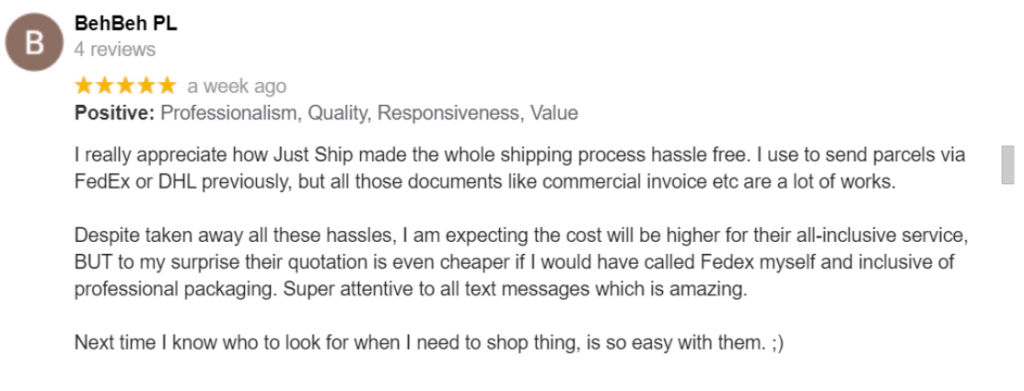 Positive JustShip Review for Shipping Mooncakes Overseas Internationally
