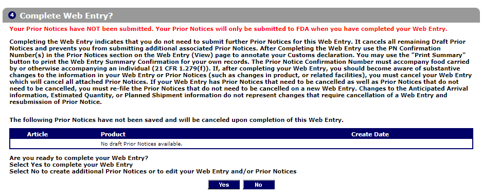 Prior Notice Complete Web Entry Notice