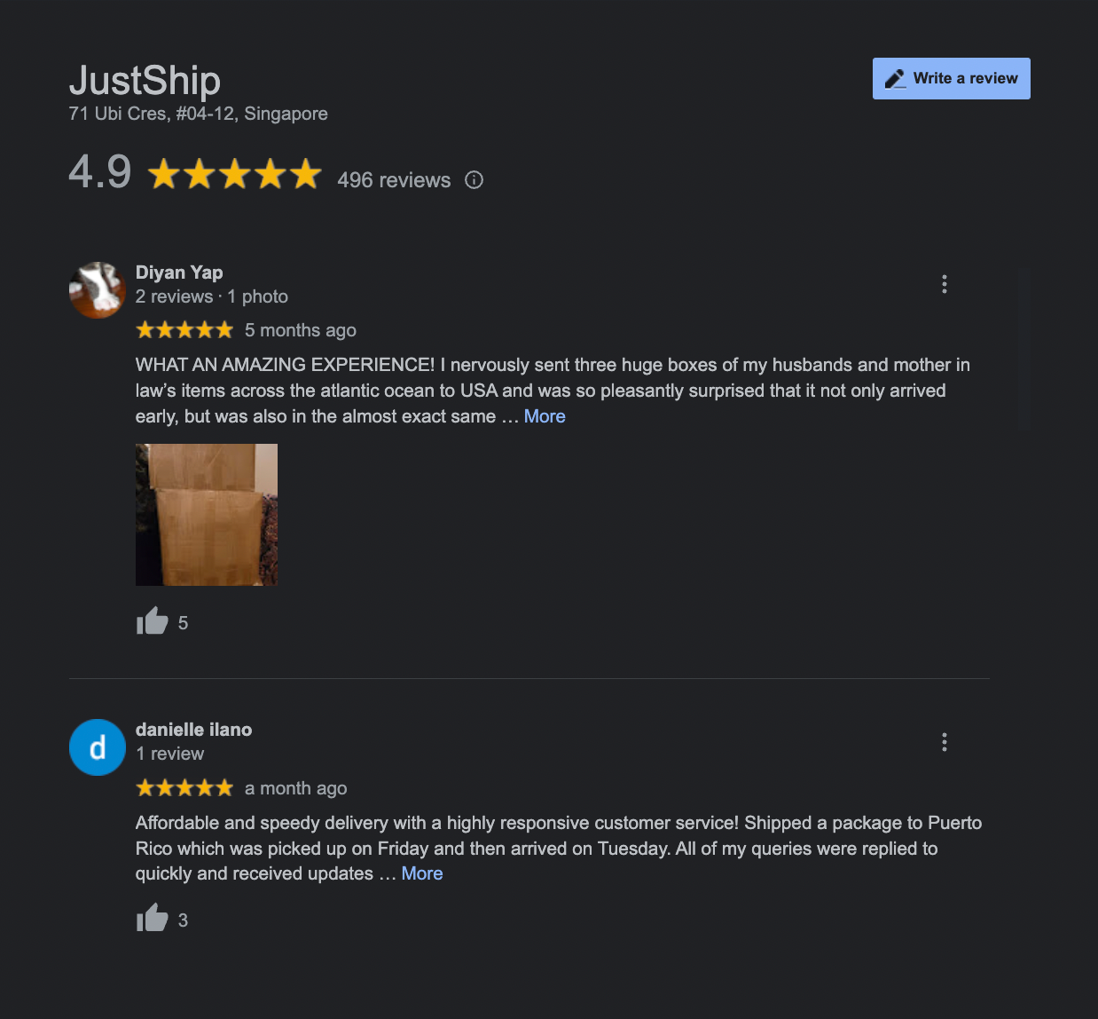 justship's google review
